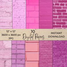 pink and purple brick wallpapers with the words instant papers printed on them in different colors