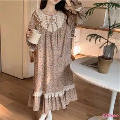 Qteee - Elegant Long Sleeve Pajama Set with Delicate Lace Details and Charming Floral Print Night Wear Pajamas, Cotton Night Dress, Night Suit For Women, Long Sleeve Pajamas, Cotton Nightgown, Fashion Top Outfits, Cottagecore Outfits, Floral Pajamas, Night Dress For Women