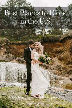 a bride and groom standing in front of a waterfall with the text best places to flop in the u s