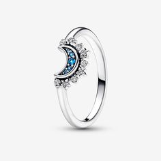 Channel lunar energy with the Celestial Blue Sparkling Moon Ring. This hand-finished ring is crafted from luminous sterling silver, with a crescent moon motif in the centre filled with deep blue pavé. Sparkling stars surround the outer side of the crescent. Wear it by itself as a symbol of enlightenment, hope and the divine feminine, or stack it with its counterpart, the Celestial Sparkling Sun Ring. The two rings fit perfectly together, representing duality and harmony in nature and within ourselves. - Pandora Celestial Blue Sparkling Moon Ring - Sterling silver / Mixed stone / Blue - Sz. 6 Pandora Celestial, Pandora Moon, Harmony In Nature, Lunar Energy, Sun Ring, Celestial Blue, The Divine Feminine, Sparkling Stars, Gold Armband