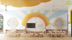 a room with wooden tables and chairs in front of a rainbow mural on the wall