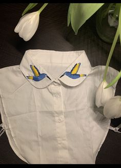 Customized HAND embroidered detachable collar shirt for women.  One size fits all  Shirt design fake collar  Bird embroidery Cute Cotton Collar For Spring, Spring Cotton Detachable Collar, Embroidered Summer Blouse With Collared Neckline, White Embroidered Blouse With Peter Pan Collar, Detachable Spring Collar, Chic Embroidered Collared Tops, Casual Embroidered Collar Blouse, White Collared Blouse With Floral Embroidery, White Blouse With Floral Embroidery And Collar Shape