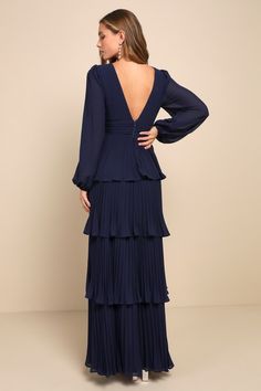 Graceful Finesse Navy Blue Pleated Long Sleeve Maxi Dress Elegant Tiered Maxi Dress For Date Night, Elegant Tiered Maxi Dress With Ruched Bodice, Elegant Tiered Chiffon Dress, Elegant Blue Tiered Maxi Dress, Gathered Bodice, Lulu Fashion, Dress Pleated, Adhesive Bra, Sleeve Maxi Dress