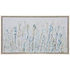 an abstract painting with blue and white flowers on the bottom, framed in wood frame