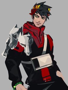 an anime character with black hair and red scarf holding two silver objects in his hands