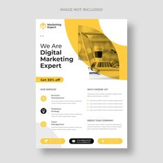 a yellow and black business flyer template with an image of a laptop on the screen