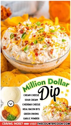 an advertisement for a restaurant called million dollar dip with cheese, bacon bits and green onions