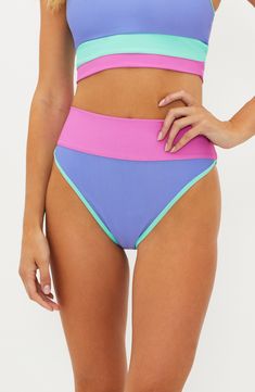 Bold colorblocking and stretchy ribbing lend retro flair to these high-waist bikini bottoms. Moderate back coverage 82% polyester, 18% spandex Hand wash, dry flat Made in the USA Retro Color Block Swimwear, Fitted Summer Bottoms With Contrast Color, Fitted Bottoms With Contrast Color For Summer, Fitted High Waist Bottoms With Contrast Color, High Waist Bottoms With Contrast Color Stretch, High Waist Bottoms With Contrast Color And Stretch, High Waist Stretch Bottoms With Contrast Color, High Waist Color Block Bottoms For Summer, Retro Multicolor Color Block Bottoms