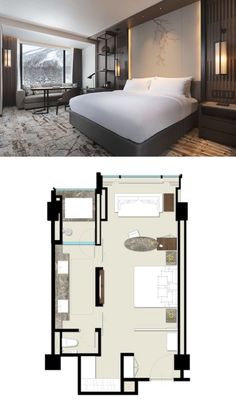 the floor plan for a hotel room with a large bed and living area in it