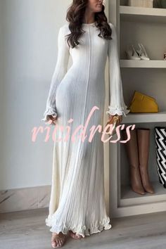 Ruffle Long Dress, Dress Bell Sleeves, Wavy Edges, Modest Clothes, Long Sleeve Evening Gowns, Fitted Midi Dress, Dress Women Elegant, Pleated Fabric, Women Long Dresses