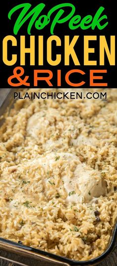 chicken and rice casserole in a pan with the title overlay above it