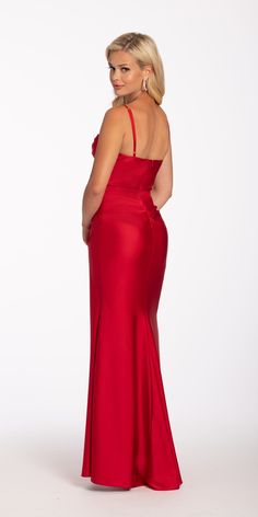 Satin Drape Corset Column Dress with Sweep Train – Camille La Vie Prom 2024, Corset Bodice, Column Dress, Red Satin, Stand Tall, Luxury Fabrics, Spaghetti Strap, Bodice, Special Occasion