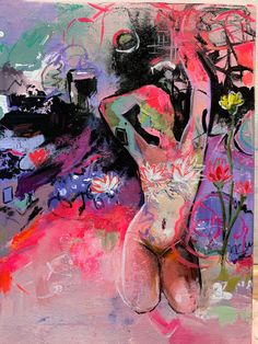 an abstract painting of a naked woman with flowers in her hair and hands on her hips