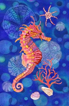 a painting of a sea horse on blue water with corals and starfish in the background