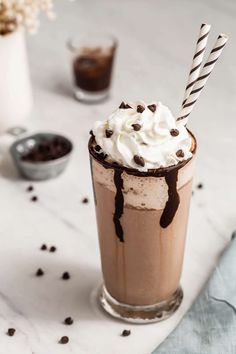 a chocolate milkshake with whipped cream and chocolate chips