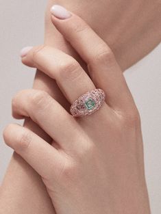 Bluish Green and Pink Diamond Dome Ring by J FINE Luxury Pink Sapphire Ring With Pave Setting, Luxury Pink Diamond Gemstone Ring, Luxury Rose Gold Emerald Ring With Diamonds, Luxury Rose Gold Emerald Diamond Ring, Luxury Pink Rings With Pave Setting, Pink Diamond Ring With Pave Setting For Gift, Pink Diamond Ring With Pave Setting As Gift, Pink Emerald-cut Diamond Ring In Fine Jewelry, Pink Emerald Cut Diamond Ring Fine Jewelry