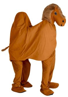 a horse costume is shown on the white background, it looks like he's wearing an orange outfit