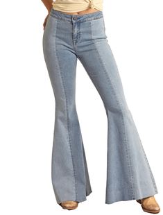 These Rock & Roll Cowgirl jeans stand out with their two-tone wash and bellbottom design. Made from stretch jeans material for comfort, they feature a high rise cut and raw hem edge for a modern look. Enjoy a classic, dynamic style with these flared leg jeans. 92.5% Cotton 6% Polyester 1.5% Spandex Stretch Flare leg High rise Button closure Machine Wash Cold Hang to Dry Cowgirl Bell Bottom Jeans, Bell Bottom Jeans Y2k, Mermaid Bell Bottoms, High-waisted Denim Flare Jeans With Button Closure, Bell Bottom Jeans 10-12, Cowgirl Jeans, Western Store, Western Wear For Women, Jeans Material