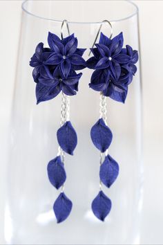 Dark Blue Long Earrings. Polymer clay artisan jewelry with navy blue lily flowers . Blue Handmade Flower Drop Earrings, Blue Polymer Clay Dangle Jewelry, Elegant Blue Jewelry With 3d Flowers, Blue Handmade Flower Jewelry For Gifts, Blue Handmade Flower Jewelry As Gift, Handmade Blue Flower Jewelry For Gifts, Handmade Flower Blue Jewelry As Gift, Blue Dangle Flower Earrings In Polymer Clay, Elegant Blue Polymer Clay Earrings