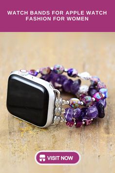 purple Apple Watch band featuring a mix of amethyst stones and colorful beads, accented with intricate silver details. This elegant design is perfect for women seeking a bold, artistic touch to complement their Apple Watch Watch Bands Leather, Watch Bands For Apple Watch, Apple Watch Bands For Women, Iphone Watch Bands, Bands For Apple Watch, Apple Watch Bracelet, Apple Watch Wristbands, Women's Watch Bands, Apple Watch Fashion