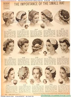 1954 Sears Spring Summer Catalog, Page 232 - Catalogs & Wishbooks 1950s Hats, 1950s Hat, 1950 Fashion, Types Of Hats, Cocktail Hat, Fancy Hats, Vintage Hats, Head Band, 1950s Fashion