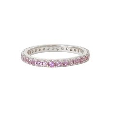 "This finely handcrafted ring is made completely of 14K solid gold and pavé set with genuine AAA quality round brilliant cut natural real Purple Sapphire gemstones. Perfect for stacking. ♦ Band Width: approximately 2.3mm ♦ Metal Finish: High Shine Polish ♦ This design is available in Rose, White and Yellow 14K Gold; also in 14K White Gold with Black Rhodium Plated Finish ♦ Please note that this item takes about 3 to 5 business days for production, prior to shipping. ♦ This item is proudly made i Pink Eternity Band Promise Ring Fine Jewelry, Fine Jewelry Eternity Band With Halo Design As Gift, Pink Fine Jewelry Eternity Band For Promise, Elegant Pink Gemstone Eternity Band, Eternity Band With Halo Design As Gift, Classic Pink Half Eternity Jewelry, Pink Round Eternity Band For Promise Ring, Pink Eternity Band Ring As Gift, Elegant Pink Eternity Band For Promise Ring