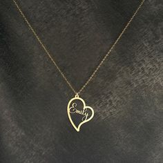 Discover the perfect personalized gift with this elegant heart-shaped gold necklace, custom engraved with the name for a unique and cherished piece of jewelry Our handmade silver necklaces make wonderful and delicate gifts for you.  Materials: -High Quality 925 Sterling Silver -18k Gold Plated Silver -18k Rose Gold Plated Silver Colors: -Gold -Rose Gold -Silver Please choose from options tag, if you would like a different color than the one shown in our pictures Packaging: All necklaces are carefully packaged and sent in a special gift box. We hope you find the perfect personalized necklace in our store. For more examples, please visit our store. Ordering Process: -Choose your preferred color and option. -Select the necklace length: Standard 16" or 12" for kids. -If you have any additional Elegant Nameplate Jewelry With Heart Charm, Elegant Heart Charm Nameplate Necklace, Elegant Nameplate Heart Necklace For Gift, Elegant Nameplate Heart Necklace Gift, Elegant Necklaces With Heart Charm And Nameplate, Elegant Necklace With Heart Charm And Nameplate, Elegant Heart-shaped Custom Name Charm Necklaces, Elegant Heart-shaped Custom Name Charm Necklace, Elegant Heart-shaped Charm Necklace With Custom Name