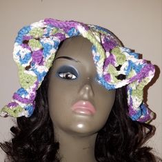 Woman's Multi Color Crochet Cotton Floppy Hat. 100% Cotton. White One Size Bucket Hat For The Beach, White One Size Bucket Hat, White Crochet Hat For Vacation, White Crochet Hat For Summer, Trendy White Crochet Hat For Beach, Adjustable White Crochet Bucket Hat, White Adjustable Crochet Bucket Hat, White Crochet Hat One Size For Summer, Adjustable Crochet Hat For Spring