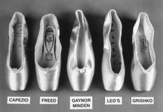 six pairs of women's ballet shoes with the names of each shoe on them