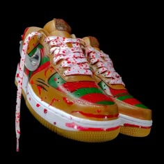 Introducing Freddy Af1- a handcrafted Air Force 1 inspired by the infamous Freddy Krueger. This shoe features unique details, including leather glove. leather and chilling claw marks. Perfect for horror fans looking to add a dose of creepy to their sneaker collection. Read before purchasing  This is a service to customize a shoe with engraving, which costs a specified amount that includes materials and artist time. Price listed includes the cost of the Air Force One needed to [produce the art piece.  The AF1 is purchased from Nike.com or Third-Party with collaboration of Nike. The available sizes are 3.5-15 US, and the turn-around time is 4-6 weeks from purchase. Custom Hand Painted Leather Sneakers, Custom Red Leather Sneakers, Hand Painted Lace-up Leather Custom Sneakers, Custom Leather Sneakers For Streetwear, Painted Air Force 1, Shoe Goals, Blue Jean Overalls, Custom Sneakers Diy, Custom Shoes Diy