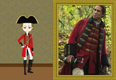 a cartoon character is standing next to an image of a man in a red coat