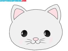 a white cat with black eyes and pink ears is shown in the shape of a face