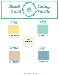 the beach cottage palette sky, sand, sea, and soft green seas are featured in this color scheme