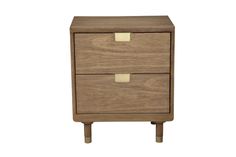 a wooden nightstand with two drawers on one side and an open drawer on the other