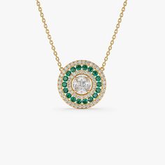 Discover sophistication in our Round Diamond Emerald Necklace, showcasing a 14K Solid Gold pendant with a radiant diamond emerald halo. Ideal for commemorating anniversaries, this graceful piece is a thoughtful gift for her, epitomizing minimalist allure and enduring elegance. Meticulously crafted, it elevates any look with its refined charm, becoming a beloved accessory for both special moments and daily wear. ▶Item Details  * Gold Kt: 14K (also available in 18K) * Available Gold Color: Rose Go Green Diamond Necklace With Halo Setting, Elegant Emerald Necklace With Diamond Halo Setting, Green Emerald Necklace With Diamond Halo Setting, Diamond Halo Jewelry For May Birthstone, May Birthstone Diamond Halo Jewelry, Diamond Emerald Necklace, Emerald Halo, Gold Armband, Pendant For Women