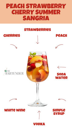 Peach Strawberry Summer Sangria Sangria Vodka Recipe, Cherry Cocktail Recipes, Cherry Cocktails, Vodka Sangria, Strawberry Cocktail Recipe, Summer Sangria Recipes, Strawberry Cocktails, Peach Cocktail