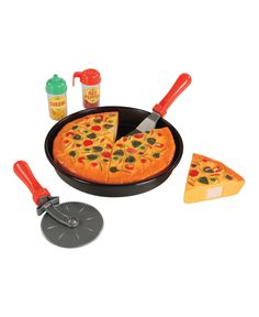 a play food set with pizza slices in a pan and spatula on the side