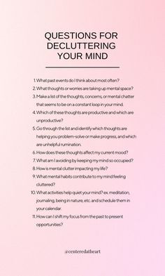 a pink and white poster with the words questions for decluttering your mind