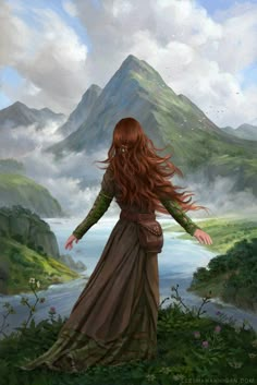 a painting of a woman with long red hair standing in front of a mountain range