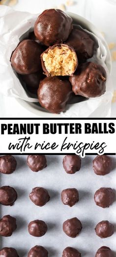 chocolate peanut butter balls in a white bowl on top of a baking sheet with text overlay