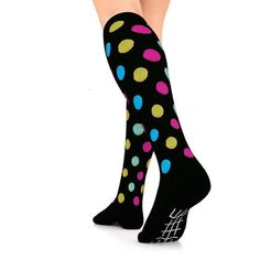 Compression Socks Unisex | Medium Compression | Black with White Polka Black Knee-high Nylon Socks, Breathable Supportive Stretch Socks, Supportive Compression Socks, Breathable, Supportive Compression Socks With Breathability, Supportive Compression Breathable Socks, Breathable Knee-high Socks For Training, Black Stretch Socks With Arch Support, Fitted Breathable Black Socks, Breathable Black Socks For Training