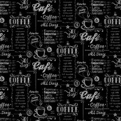 a black and white wallpaper with coffee related words