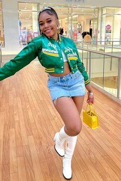 Details: Women Varsity Jacket Green Cropped Long Sleeves Embroidery High Maintenance Print O-neck Baseball Outfit Women Varsity Jacket, Varsity Jacket Women, Sleeves Embroidery, Neon Dresses, Varsity Jackets, Baseball Varsity Jacket, Baseball Outfit, High Maintenance, Halterneck Dress