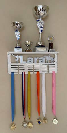 several medals are hanging on a wall with trophies