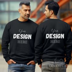 "Handsome Male Mockup featuring 2 men front and back view for Gildan 18000 Black Sweater. This sweatshirt mock is a simple image that is easy to use with Canva, Photoshop, Photopea etc. to make a perfect mockup for your print on demand design. ♥ Our Mockups are designed to perfectly fit Etsy's new square listing image size. --------------------- ♥ Get access to all our current and future mockups in the \"FRONT & BACK COLLECTION\" category: https://www.etsy.com/listing/1583196947/front-back-mockup-bundle-lifetime-access?click_key=4506c231613390bd0f805d773e4a82c032789d7a%3A1583196947&click_sum=d33ef5ad&ref=shop_home_active_2&pro=1 --------------------- ♥ We specialize in unique settings and product colors. If you like our mockups, do not forget to follow our shop to be informed about our new Black Branded Long Sleeve Sweater, Black Long Sleeve Sweater With Branding, Black Crew Neck Sweater With Branding, Black Branded Crew Sweatshirt, Black Crew Sweatshirt With Branding, Black Relaxed Fit Sweatshirt With Branding, Customizable Black Crew Sweatshirt, Black Crew Neck Sweatshirt With Branding, Customizable Black Sweatshirt For Streetwear