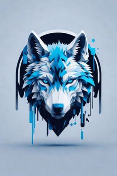 a wolf head with blue and white paint splattered on it