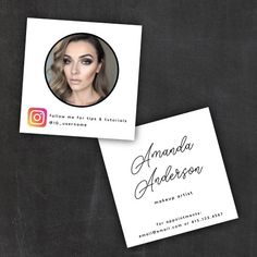 two business cards with a woman's face on the front and bottom one has an instagram sticker