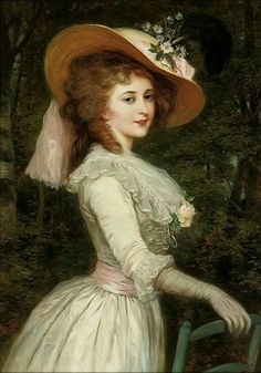 a painting of a woman in a white dress and hat