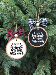 two ornaments hanging from a christmas tree with words on them that say it takes a big heart to shape little minds