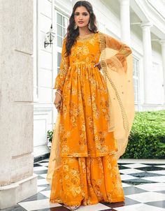 Mustard Pure Fox Georgette Sharara Suit Gharara Suits, Georgette Material, Yellow Gown, Salwar Dress, Punjabi Dress, Palazzo Suit, Sharara Suit, Designer Salwar Suits, Designer Lehenga Choli